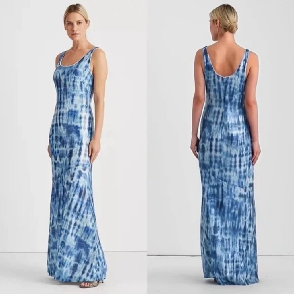 Lauren Ralph Lauren New Blue White Sequin Tie Dye Sleeveless Maxi Dress, Sz 2
